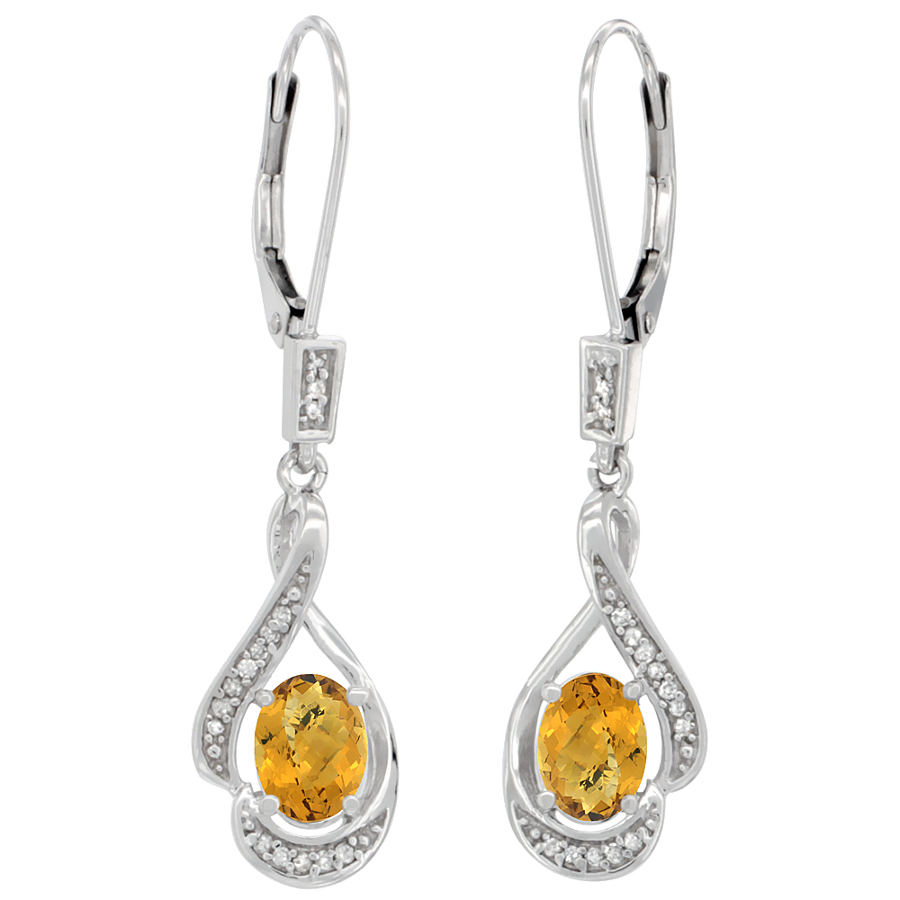14K White Gold Diamond Natural Whisky Quartz Leverback Earrings Oval 7x5 mm 1 7/16 inch long