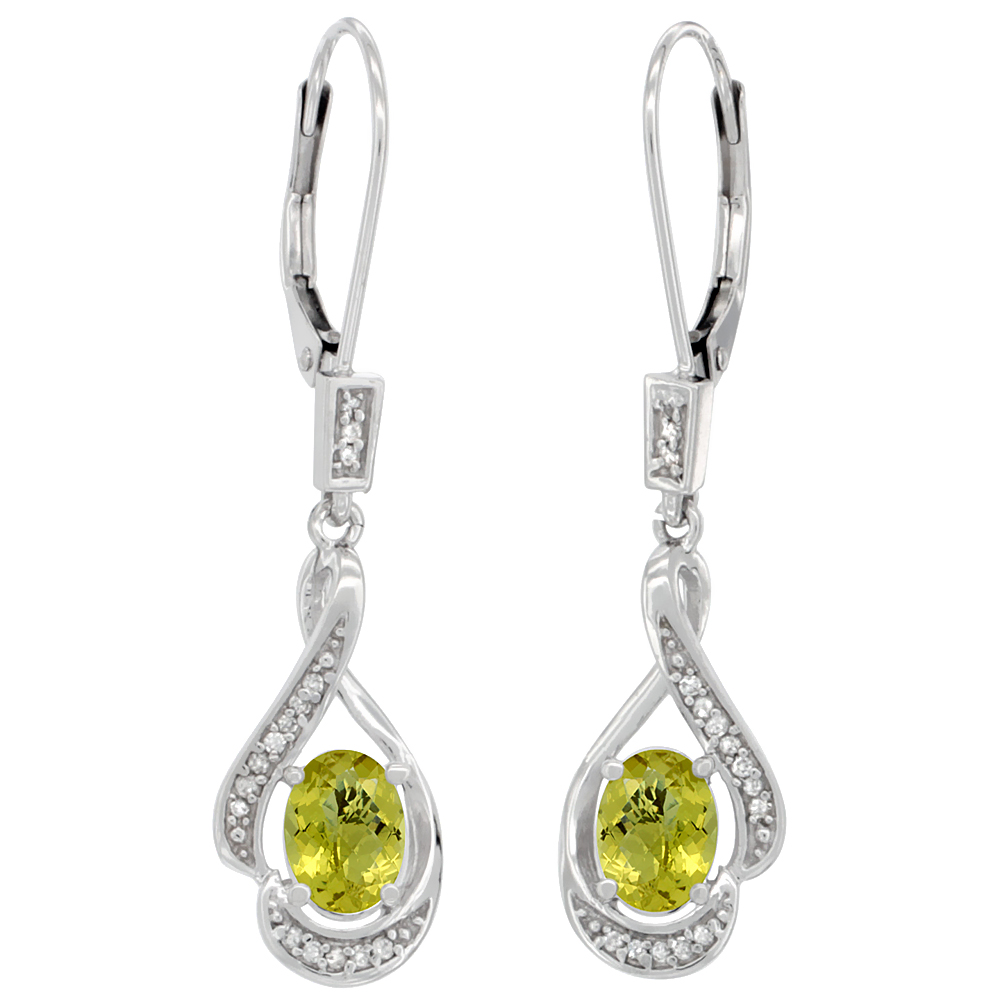 14K White Gold Diamond Natural Lemon Quartz Leverback Earrings Oval 7x5 mm 1 7/16 inch long