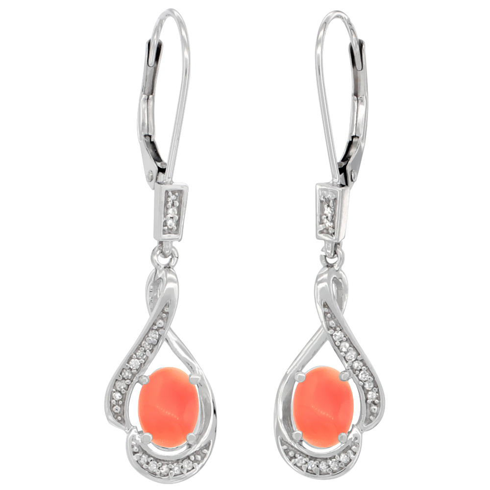 14K White Gold Diamond Natural Coral Leverback Earrings Oval 7x5 mm 1 7/16 inch long