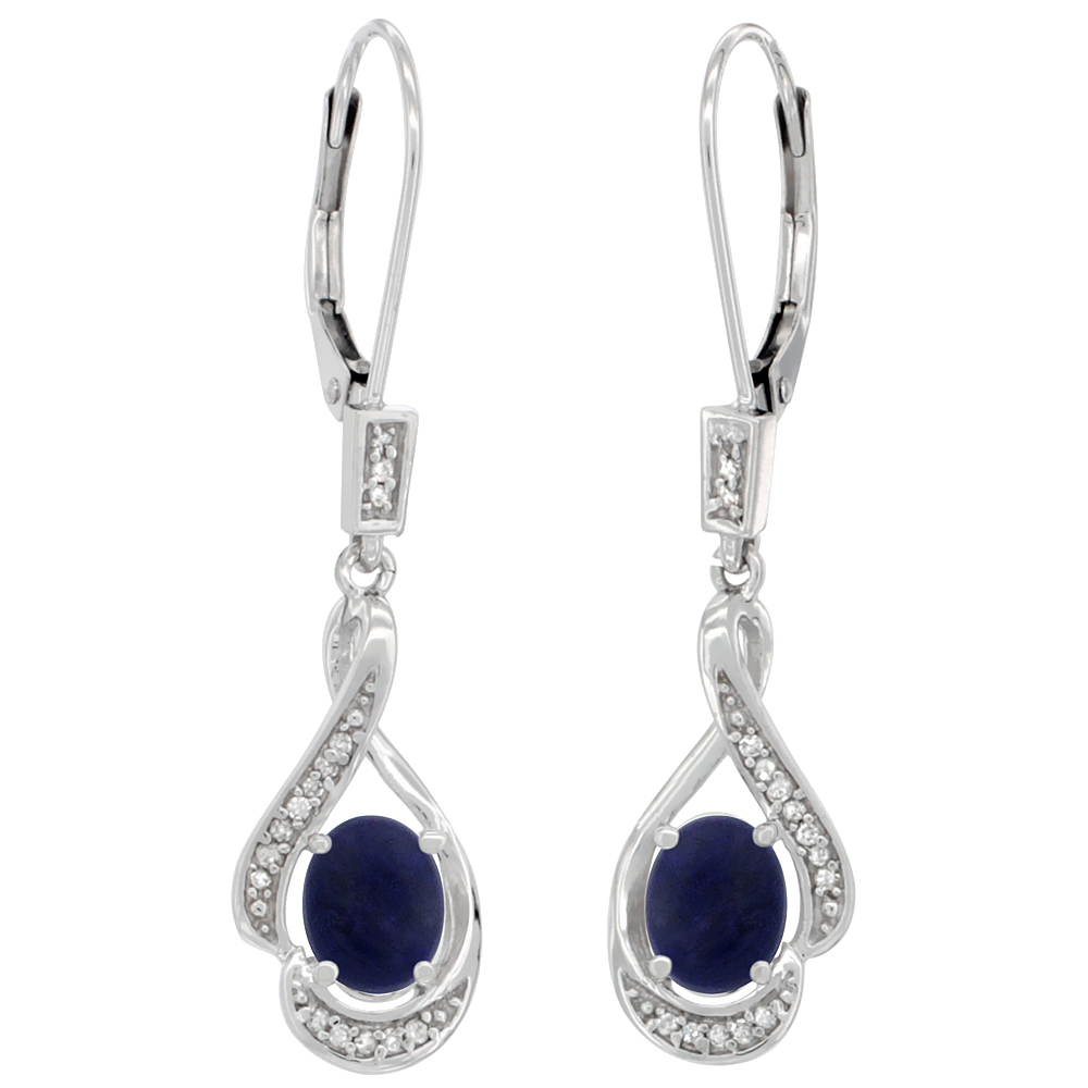 14K White Gold Diamond Natural Lapis Leverback Earrings Oval 7x5 mm 1 7/16 inch long