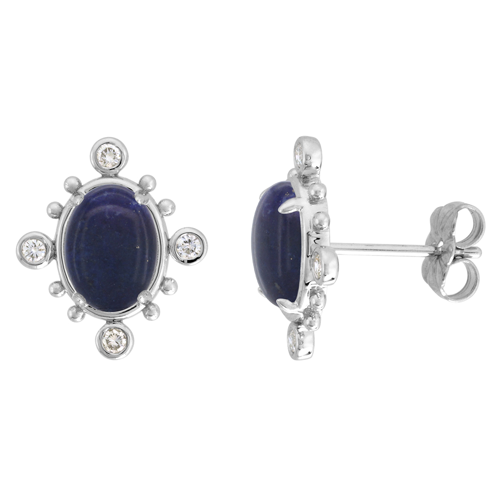 14k White Gold Diamond Genuine Lapis Lazuli Stud Earrings Bead Accent 0.17 cttw Oval 9x7mm