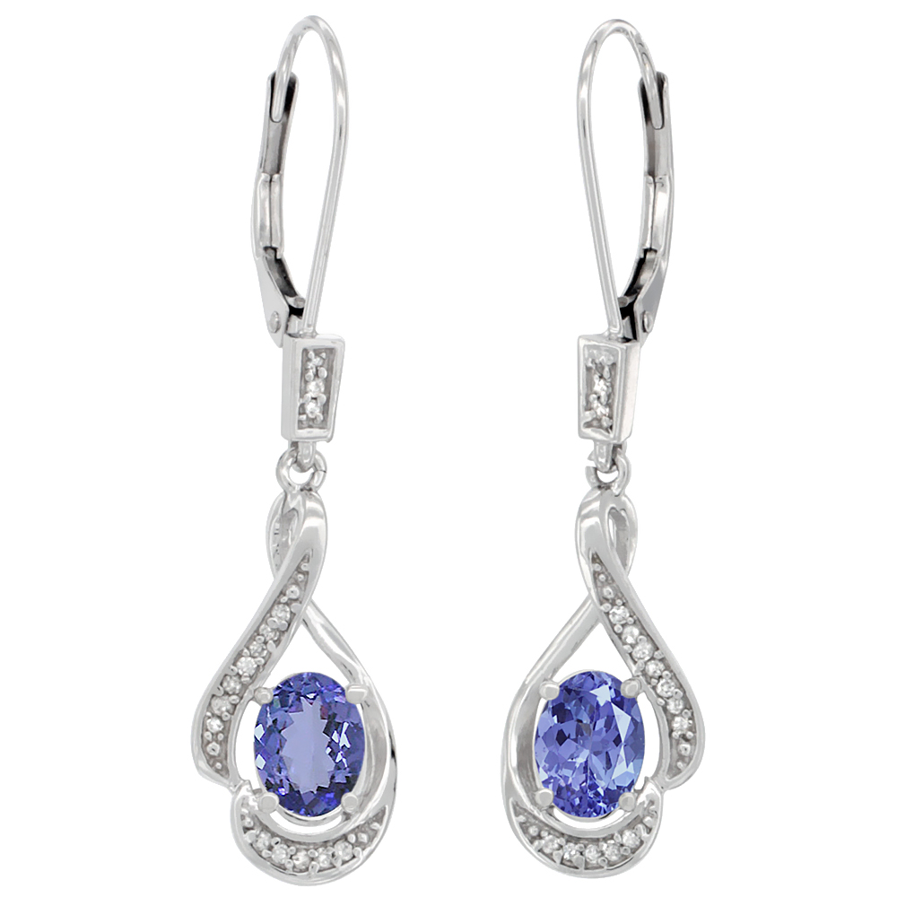 14K White Gold Diamond Natural Malachite Leverback Earrings Oval 7x5 mm 1 7/16 inch long