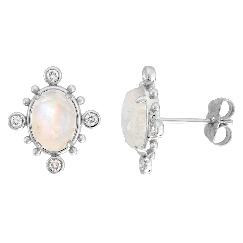 14k White Gold Diamond Genuine Rainbow Moonstone Stud Earrings Bead Accent 0.17 cttw Oval 9x7mm