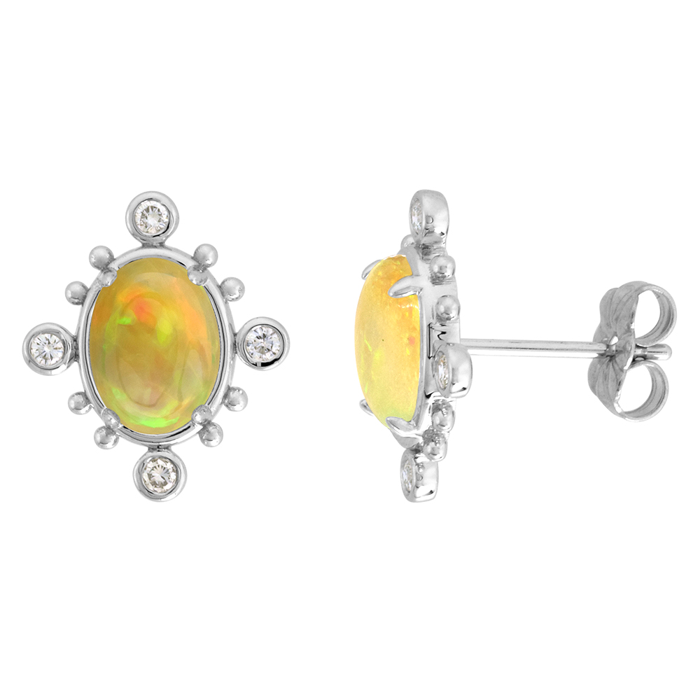 14k White Gold Diamond Genuine Ethiopian Opal Stud Earrings Bead Accent 0.17 cttw Oval 9x7mm