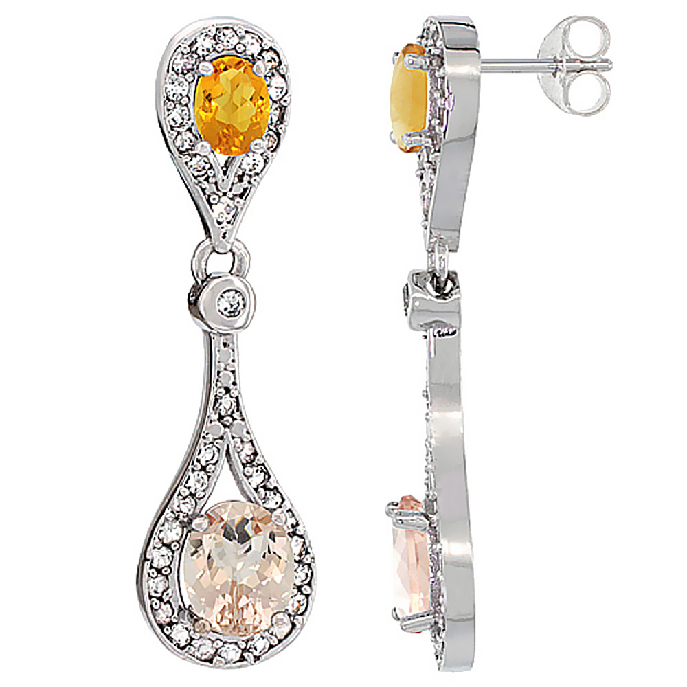 10K White Gold Natural Morganite & Citrine Oval Dangling Earrings White Sapphire & Diamond Accents, 1 3/8 inches long