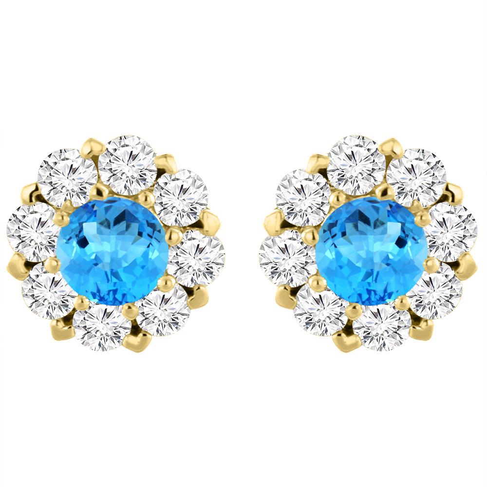 14K Yellow Gold Natural Swiss Blue Topaz Earrings with Diamond Halo Round 6 mm