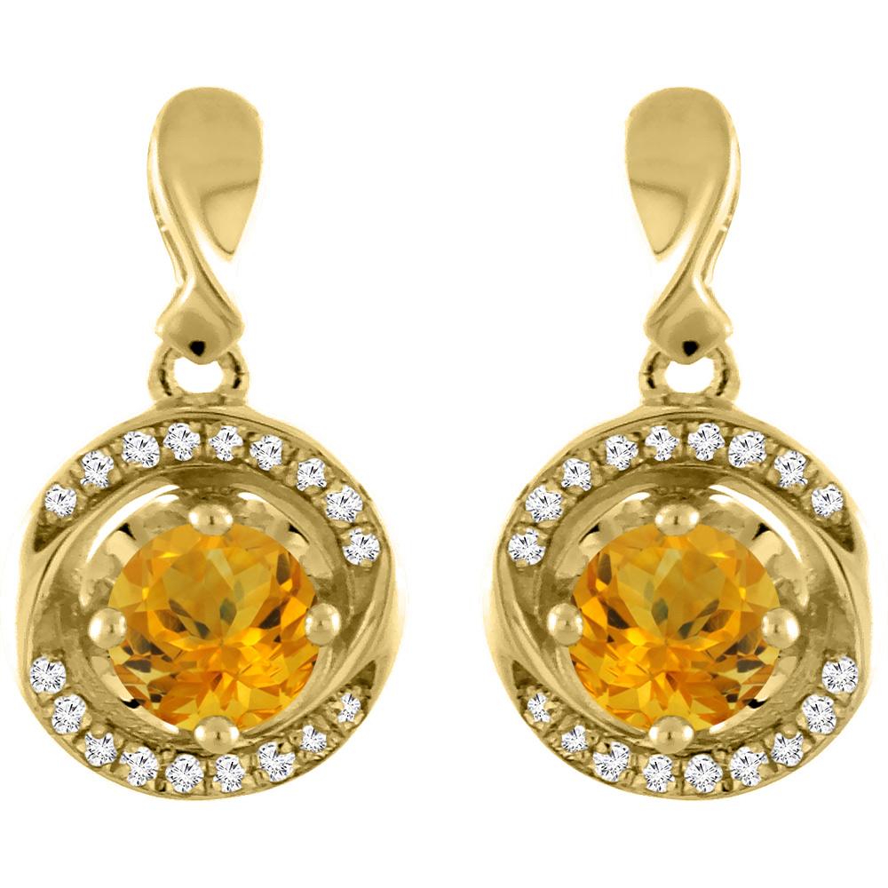 14K Yellow Gold Natural Citrine Earrings with Diamond Accents Round 4 mm