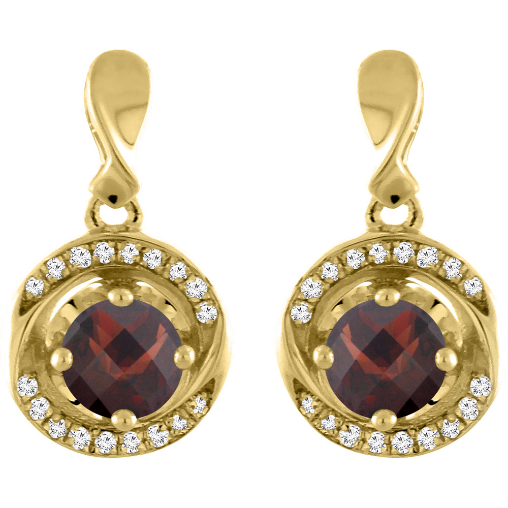 14K Yellow Gold Natural Garnet Earrings with Diamond Accents Round 4 mm