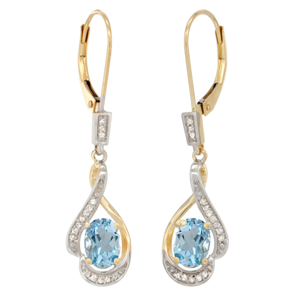 14K Yellow Gold Diamond Natural Mystic Topaz Leverback Earrings Oval 7x5 mm 1 7/16 inch long