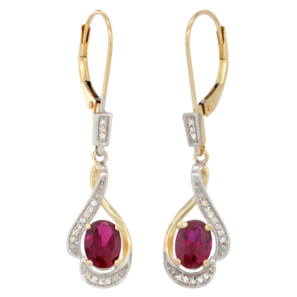 14K Yellow Gold Diamond Natural High Grade Ruby Leverback Earrings Oval 7x5 mm 1 7/16 inch long