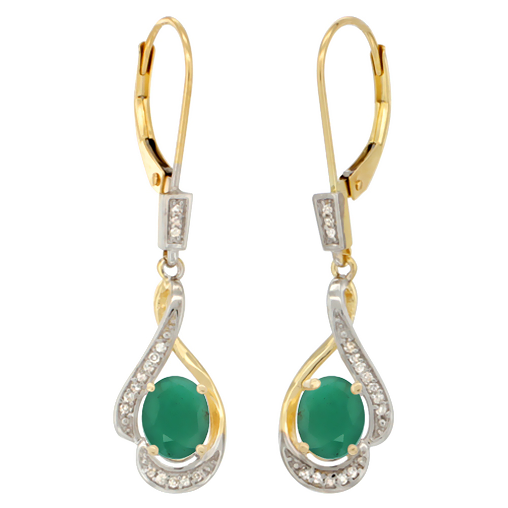 14K Yellow Gold Diamond Natural High Grade Emerald Leverback Earrings Oval 7x5mm 1 7/16 inch long
