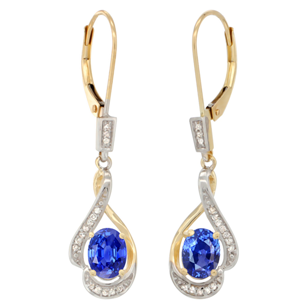 14K Yellow Gold Diamond Natural Aquamarine Leverback Earrings Oval 7x5 mm 1 7/16 inch long