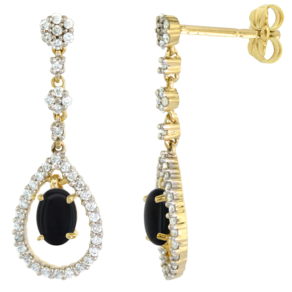 14k Gold Diamond Genuine Onyx Dangle Earrings Teardrop 6x4 Oval 1 inch long