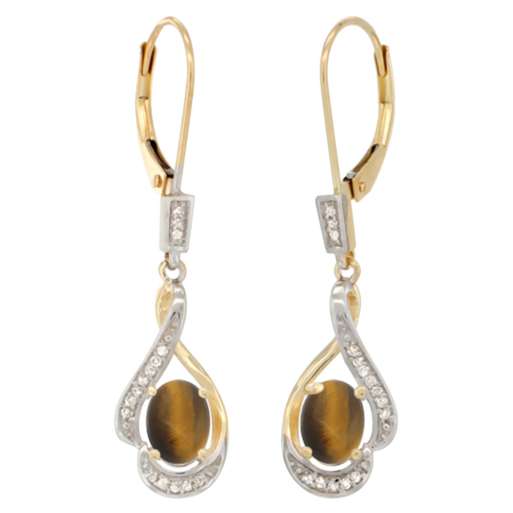14K Yellow Gold Diamond Natural Black Onyx Leverback Earrings Oval 7x5 mm 1 7/16 inch long
