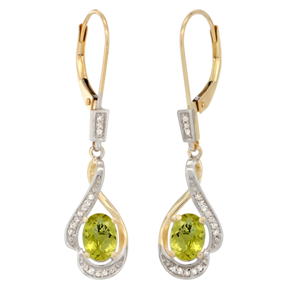 14K Yellow Gold Diamond Natural Opal Leverback Earrings Oval 7x5 mm 1 7/16 inch long