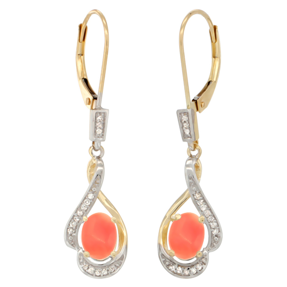 14K Yellow Gold Diamond Natural Pink Sapphire Leverback Earrings Oval 7x5 mm 1 7/16 inch long