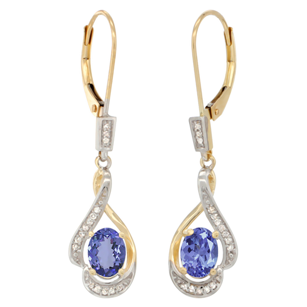 14K Yellow Gold Diamond Natural Tanzanite Leverback Earrings Oval 7x5 mm 1 7/16 inch long