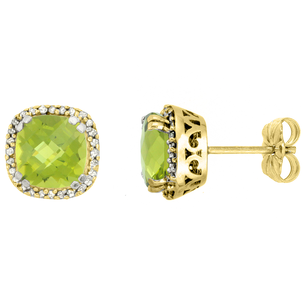 10k Yellow Gold Diamond Halo Natural Peridot Stud Earrings Cushion Shaped 7x7 mm