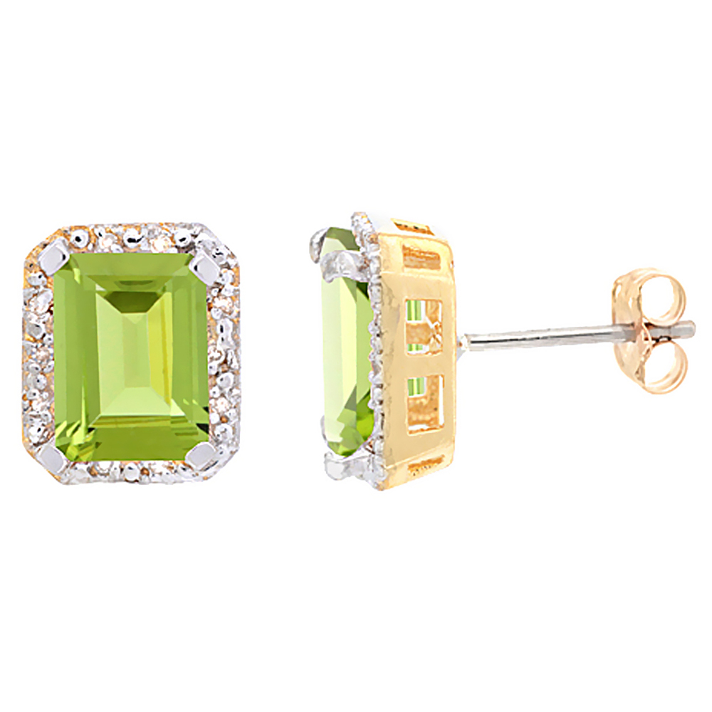 10K Yellow Gold Diamond Natural Peridot Earrings Octagon 8x6 mm