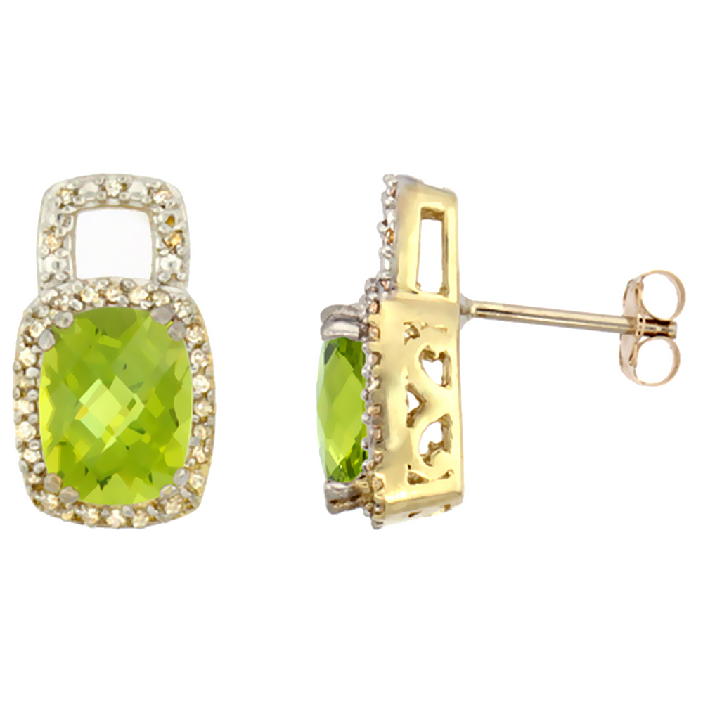 10K Yellow Gold Diamond Natural Peridot Earrings Octagon Cushion 8x6 mm