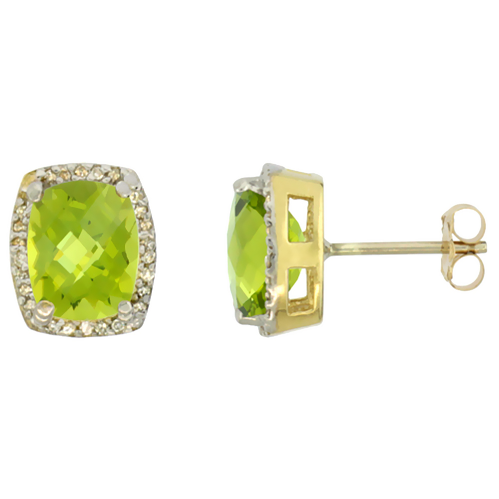 10K Yellow Gold Diamond Natural Peridot Earrings Octagon Cushion 8x6 mm