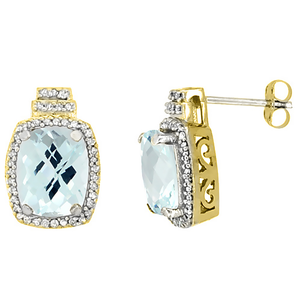 10K Yellow Gold 0.29 cttw Diamond Natural Aquamarine Earrings Octagon Cushion 8x6 mm