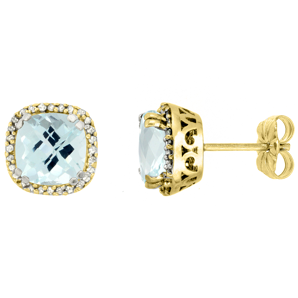 10k Yellow Gold Diamond Halo Natural Aquamarine Stud Earrings Cushion Shaped 7x7 mm