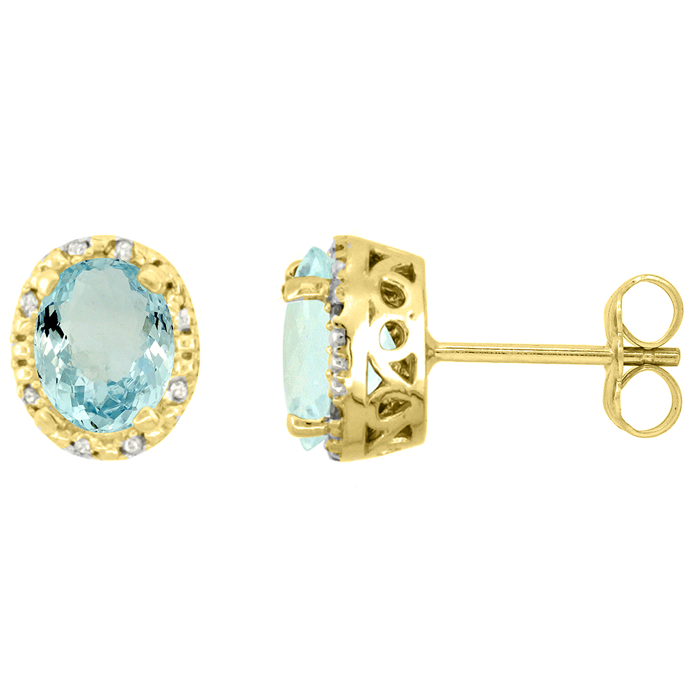10K Yellow Gold Diamond Halo Natural Aquamarine Stud Earrings Oval 7x5 mm