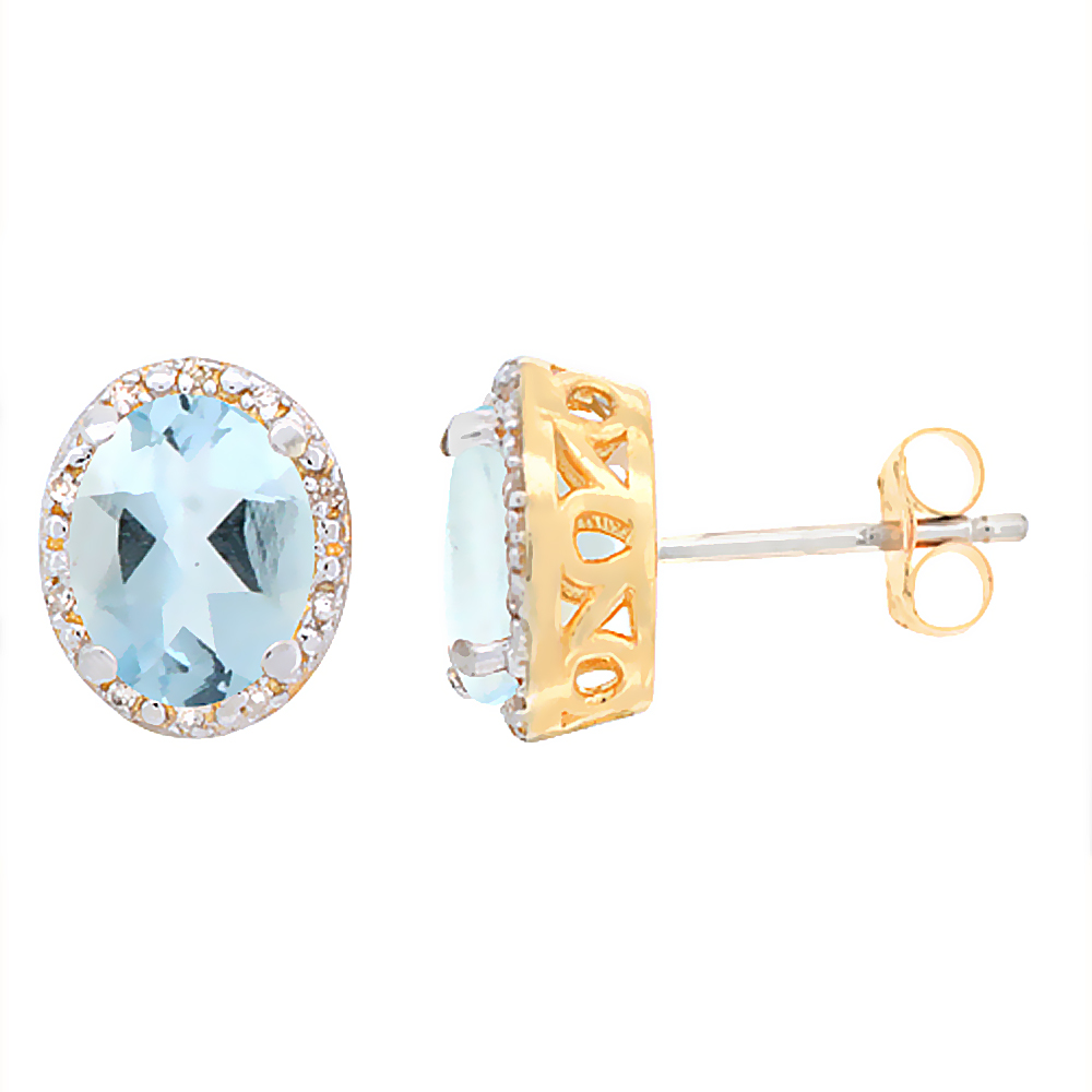 10K Yellow Gold Genuine Aquamarine Stud Earrings Diamond Halo Oval 8x6 mm