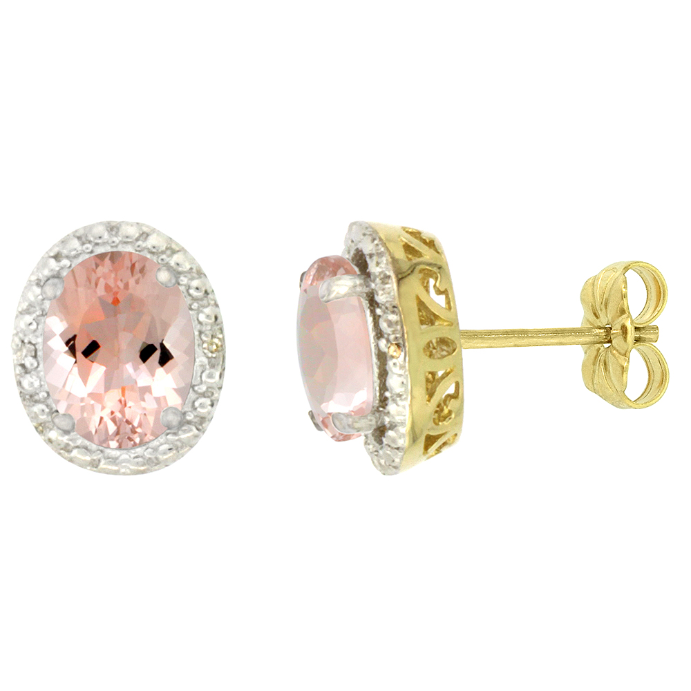 10K Yellow Gold 0.01 cttw Diamond Natural Morganite Post Earrings Oval 7x5 mm
