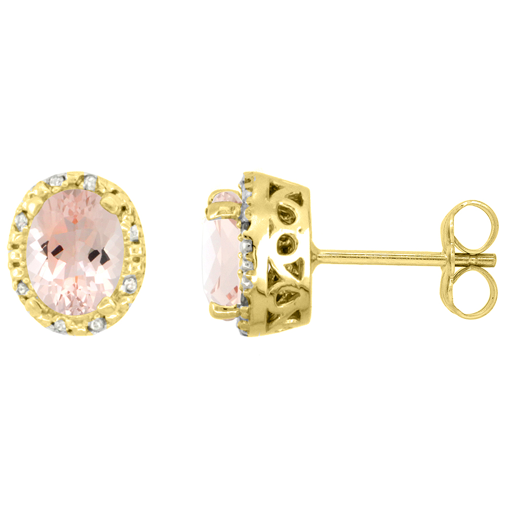 10K Yellow Gold Diamond Halo Natural Morganite Stud Earrings Oval 7x5 mm