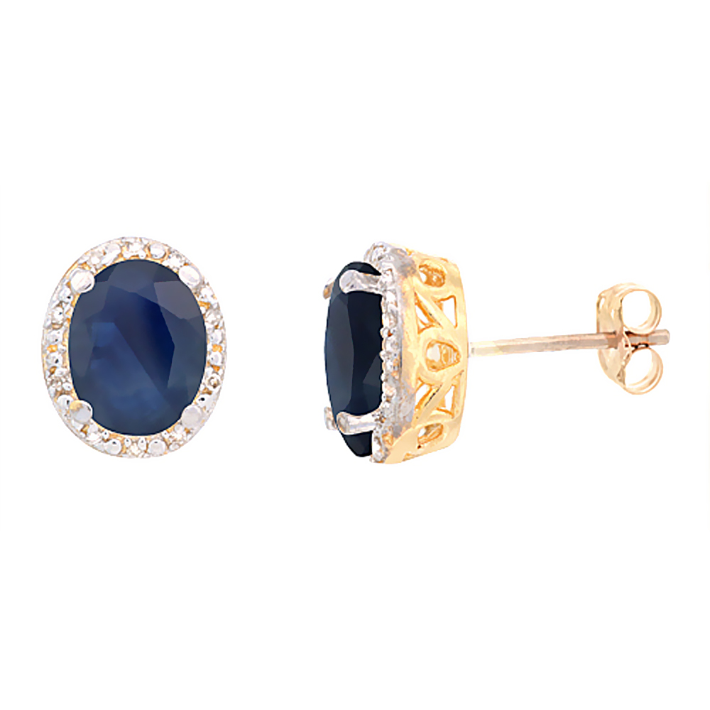 10K Yellow Gold Diamond Halo Natural Quality Blue Sapphire Stud Earrings Oval 7x5 mm