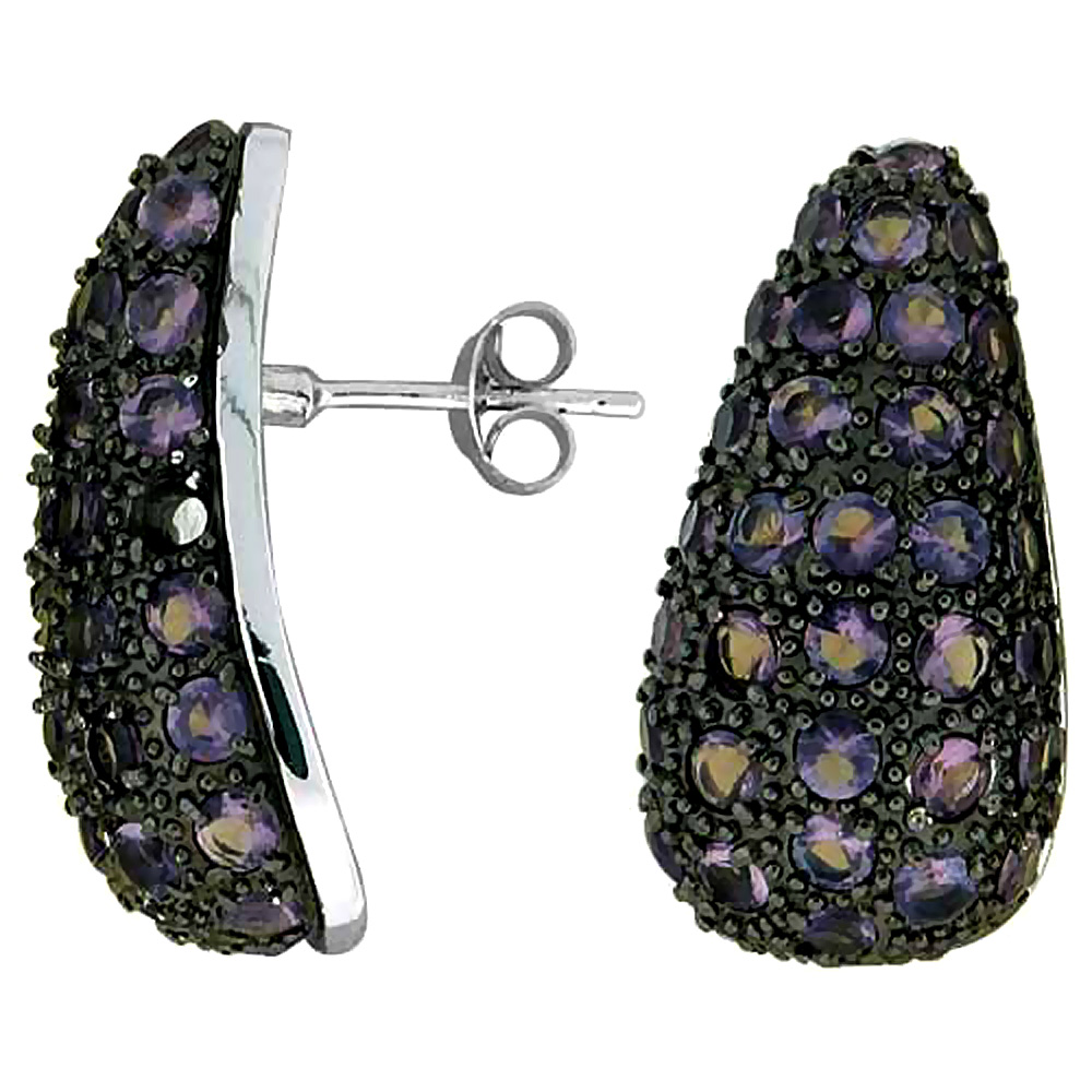 Sterling Silver Cubic Zirconia Post Earrings Teardrop Purple CZ Rhodium finish, 1 inch