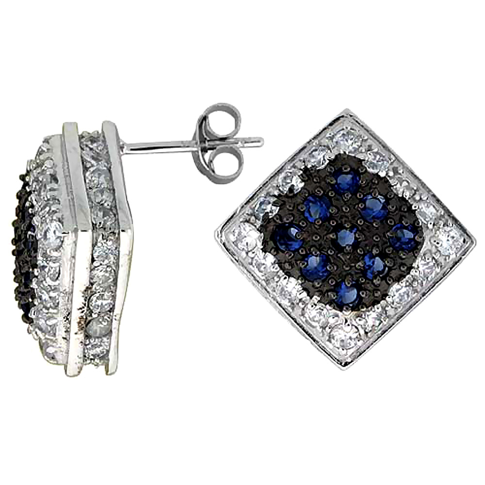 Sterling Silver Cubic Zirconia Square Post Earrings Blue & White CZ stones Rhodium finish, 3/4 inch