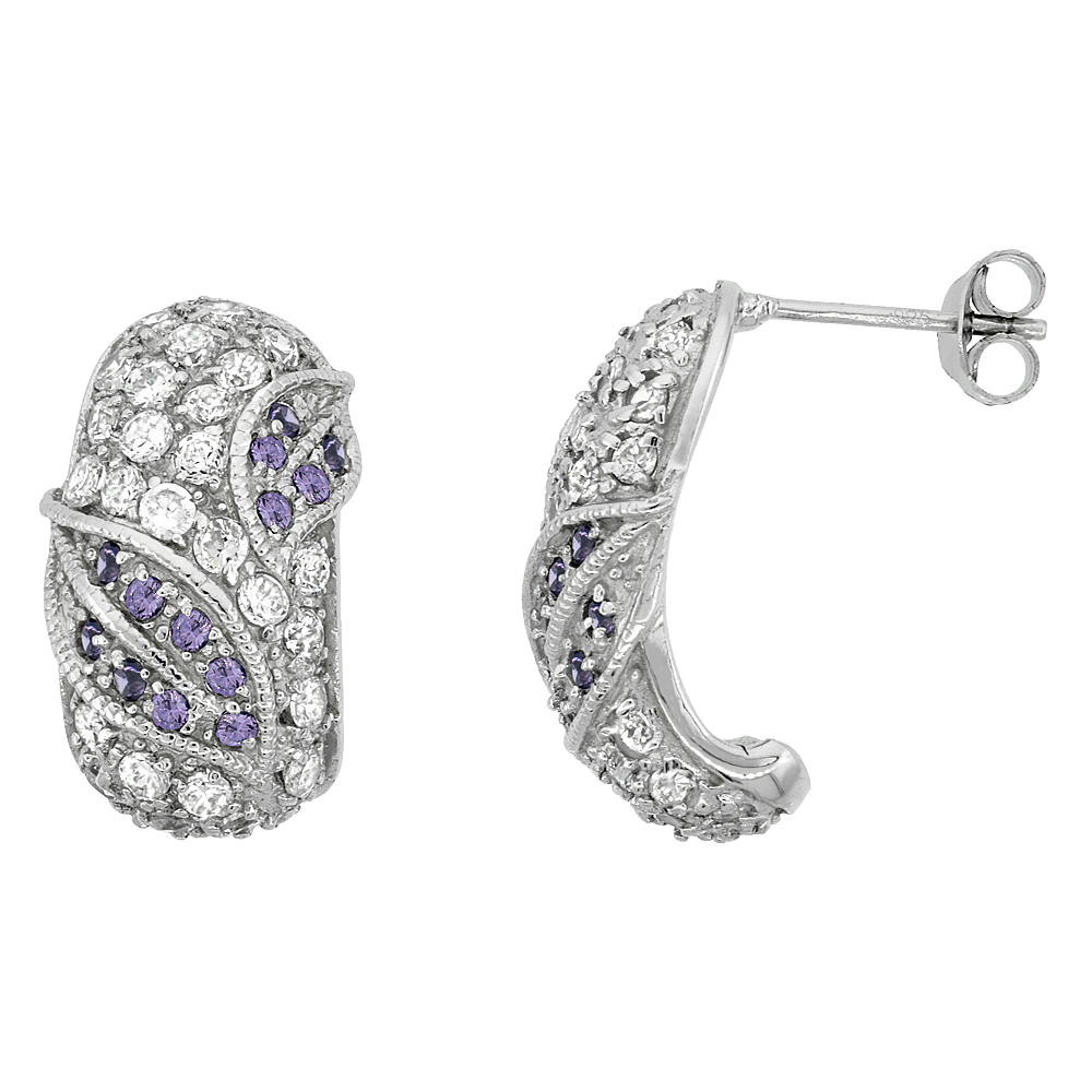 Sterling Silver Cubic Zirconia Oval Post Earrings Purple CZ Leaves Motif Rhodium finish 3/4 inch