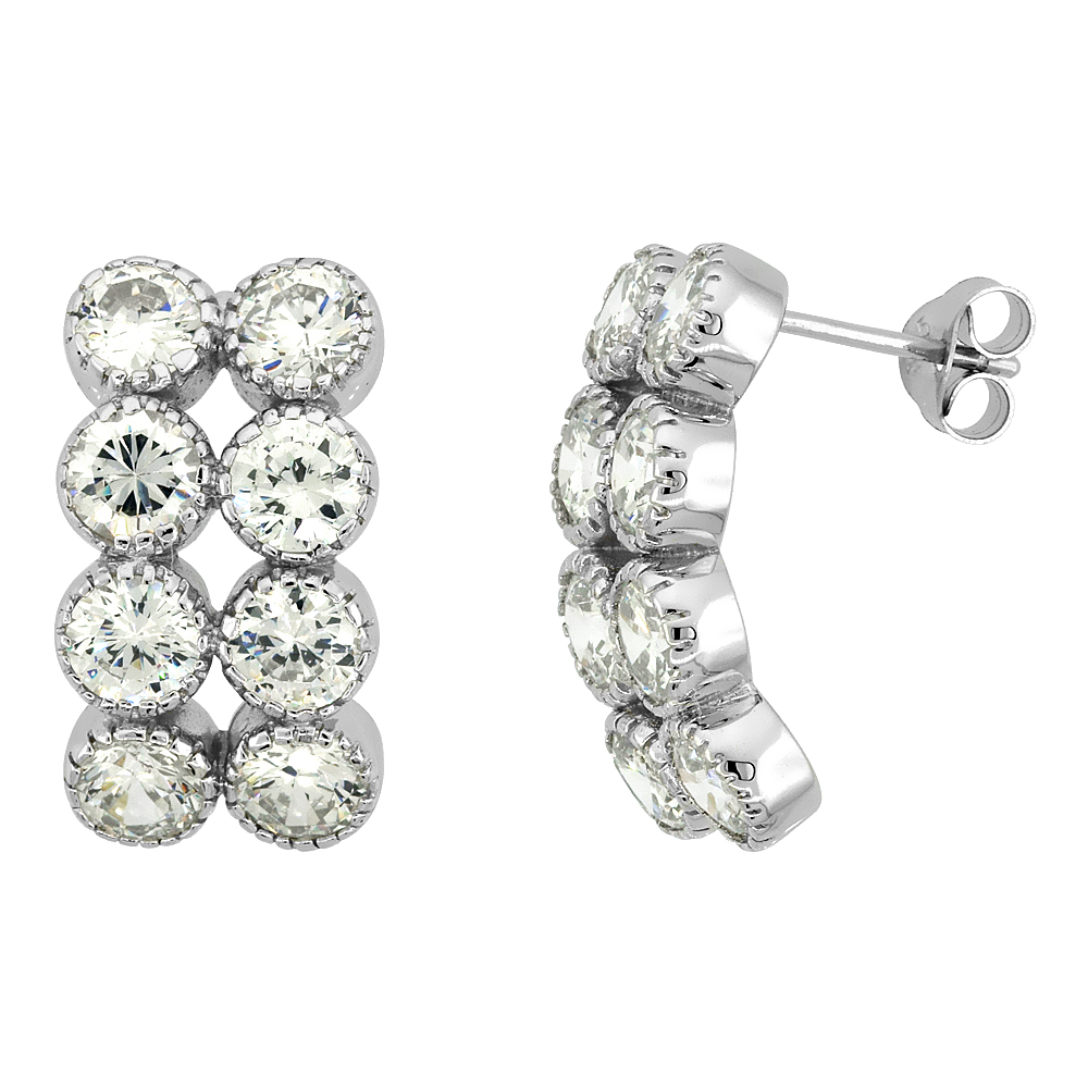 Sterling Silver Cubic Zirconia Post Earrings 8 CZ stones 1/2 CT ea Rhodium finish 13/16 inch