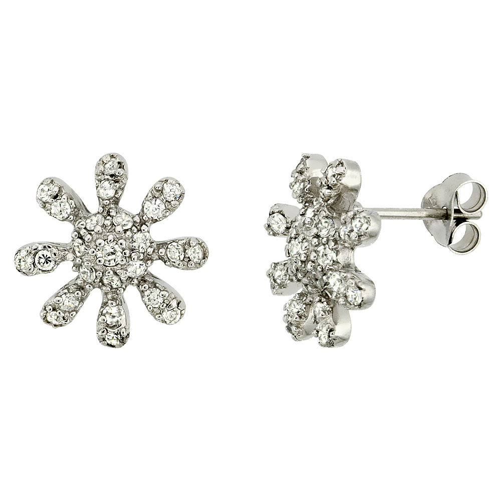 Sterling Silver Cubic Zirconia Sunflower Button Earrings White CZ Stones Rhodium finish 1/2 inch