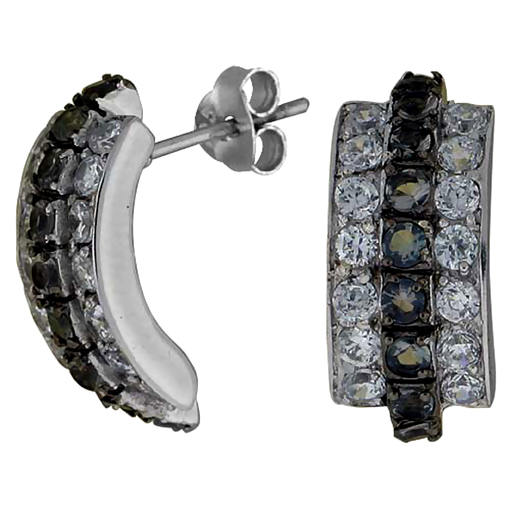 Sterling Silver Cubic Zirconia Curved Post Earrings Black & White CZ Stones Rhodium finish 3/4 inch