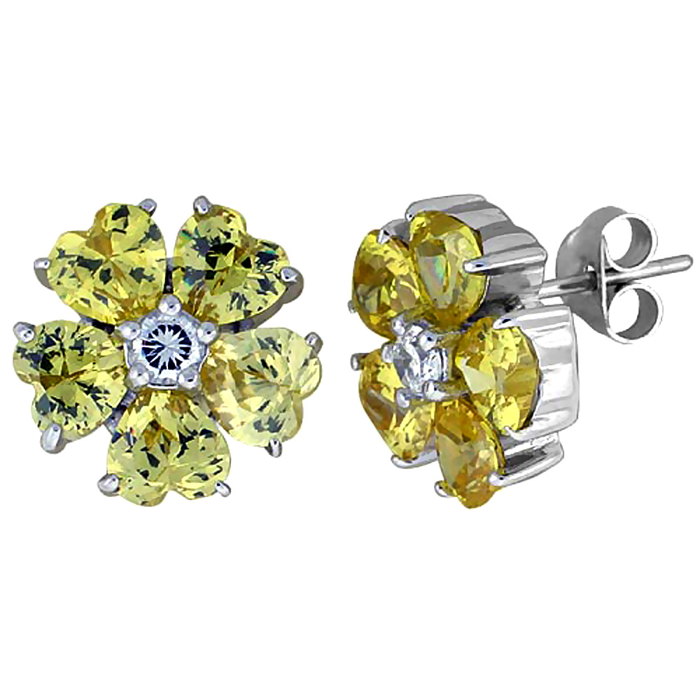 Sterling Silver Cubic Zirconia Flower Stud Earrings Yellow Topaz Heart CZ Stones Rhodium finish, 1/2 inch