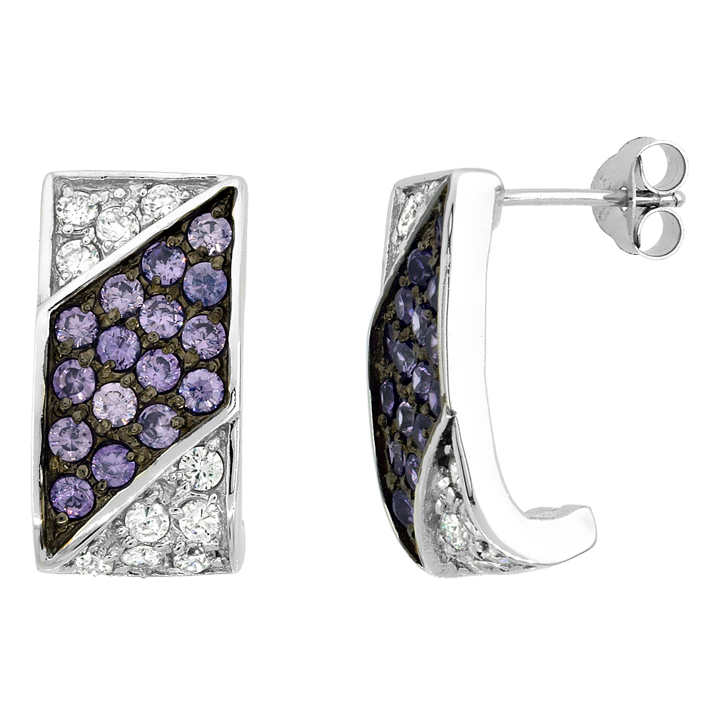 Sterling Silver Cubic Zirconia Rectangular Post Earrings Purple & White CZ Stones Rhodium finish 3/4 inch