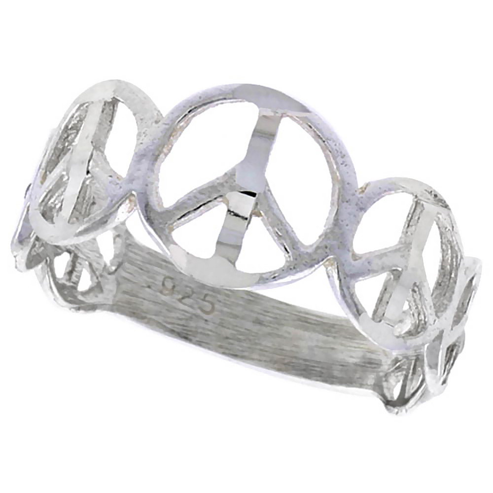 Sterling Silver Peace Sign Ring Polished finish 5/16 inch wide sizes 6-9