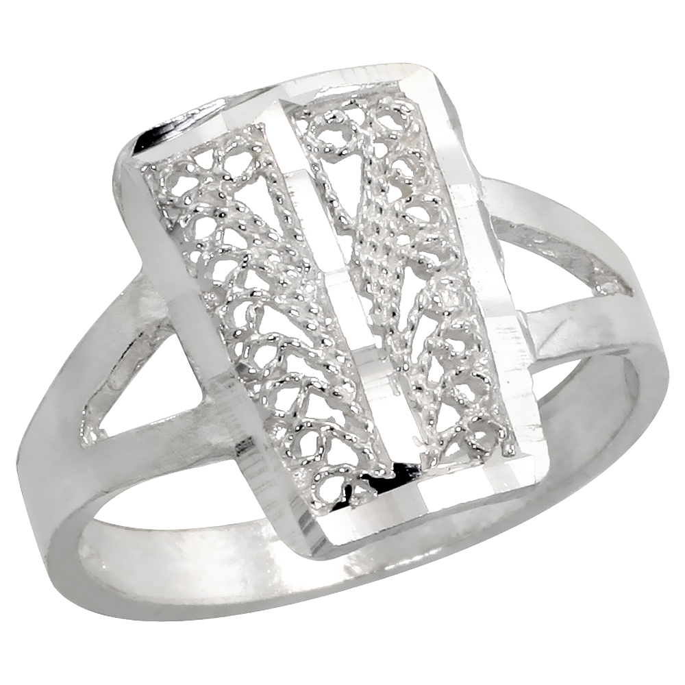 Sterling Silver Rectangular Filigree Ring for Women 1/2 inch Long