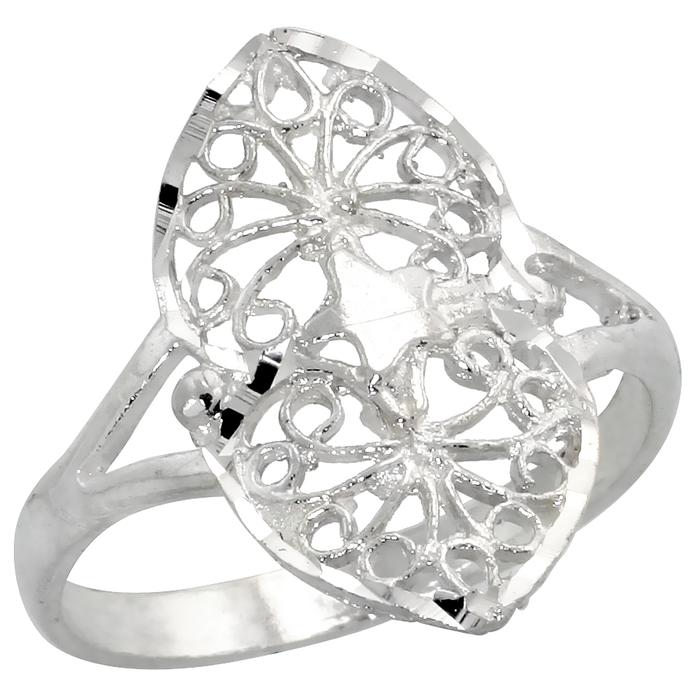 Sterling Silver Double Heart Filigree Ring Teeny Star for Women 3/4 inch Long