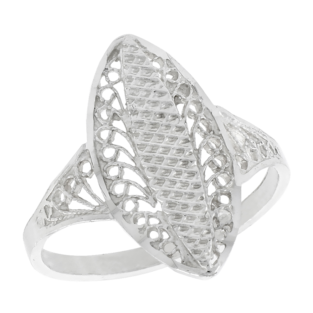 Sterling Silver Oval-shaped Filigree Ring for Women 3/4 inch Long