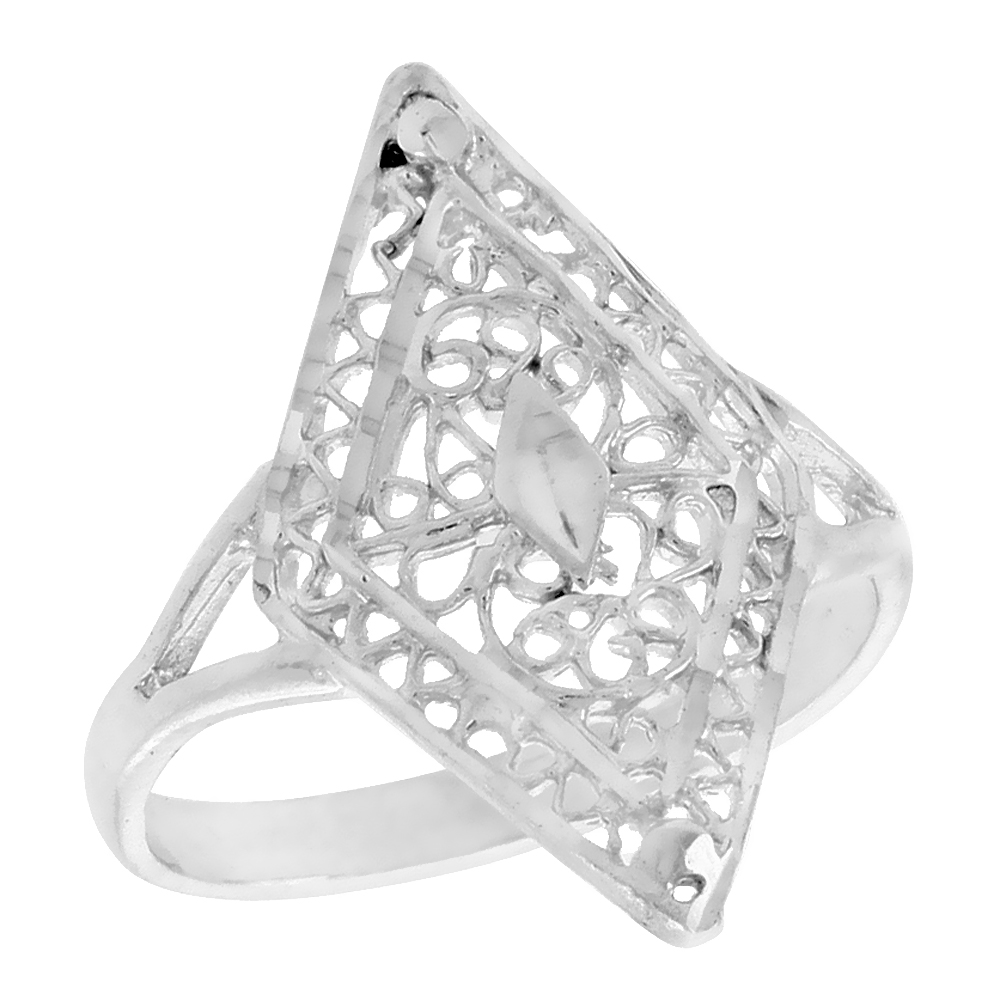 Sterling Silver Diamond-shaped Filigree Ring for Women 7/8 inch Long