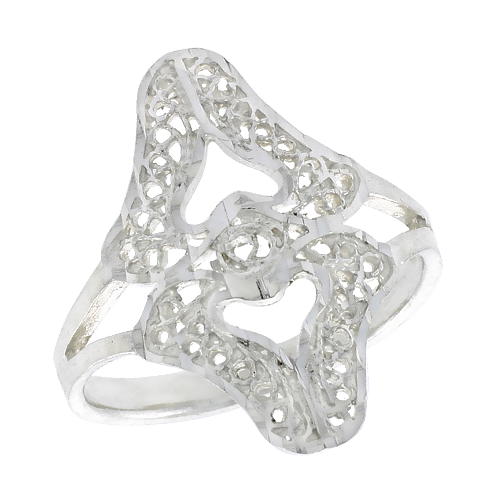 Sterling Silver Double Heart Filigree Ring for Women 3/4 inch Long