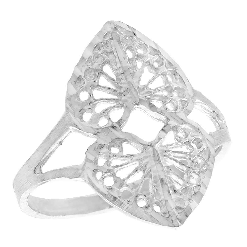 Sterling Silver Double Heart Filigree Ring for Women 3/4 inch Long