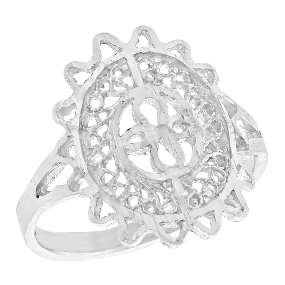 Sterling Silver Oval-shaped Filigree Ring for Women 3/4 inch Long
