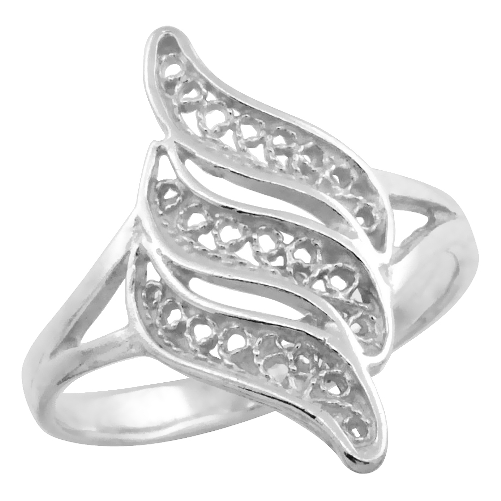 Sterling Silver Triple Swirl Filigree Ring for Women 3/4 inch Long