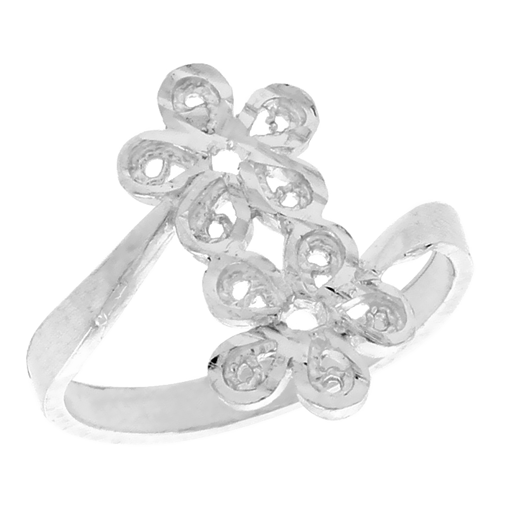Sterling Silver Double Flower Filigree Ring for Women 1/2 inch Long